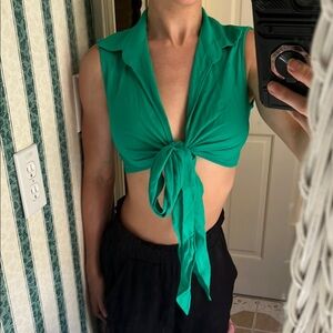 NEW SHEIN Green Tie-Front Crop Top Vacation Tie up